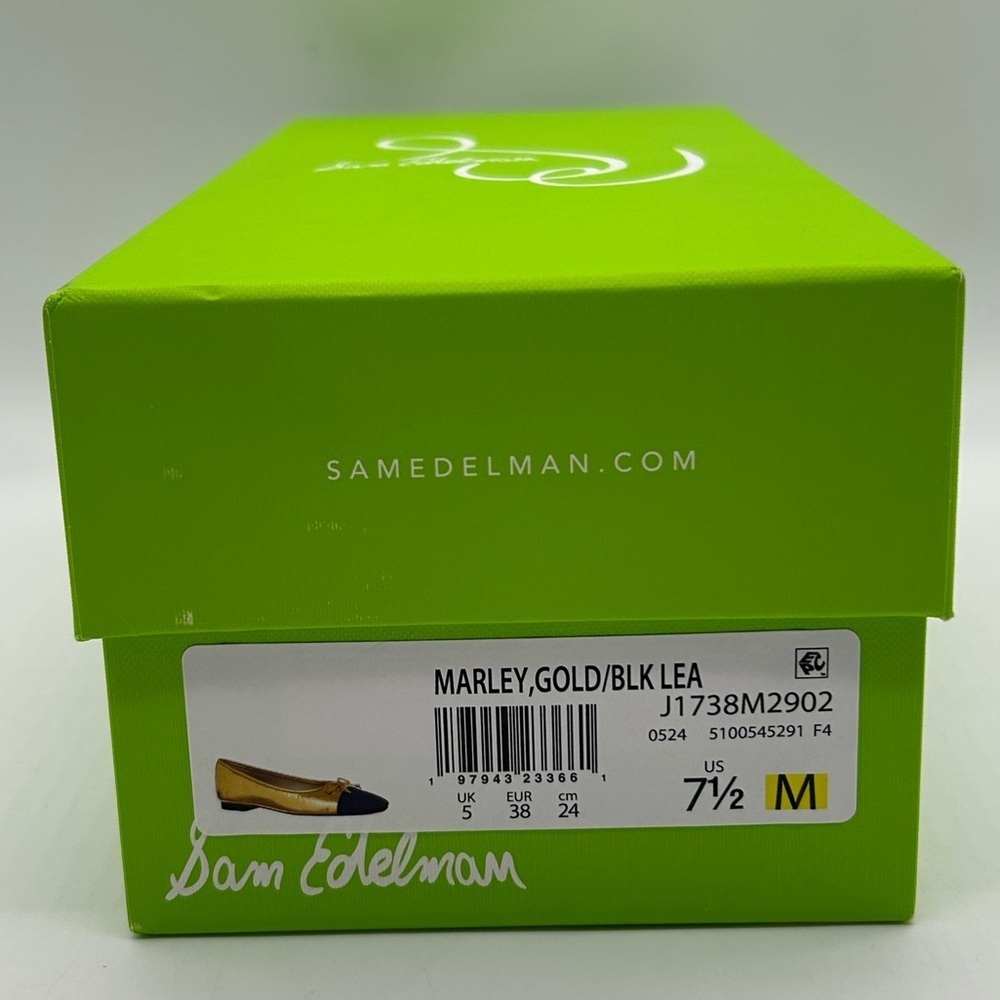 Sam Edelman Marley Gold Black Cap Toe Ballet Flats Women’s Size 7.5M Leather NIB - Picture 9 of 10